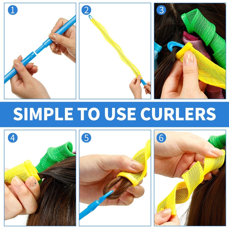 WILLBOND 28 Pieces Heatless Curlers No Heat Spiral Curls Hair Curlers Styling Kit with 2 Pieces Styling Hooks for Most Kinds of Hairstyles (Green, Pink, Blue, Yellow,45 cm) - Image 4