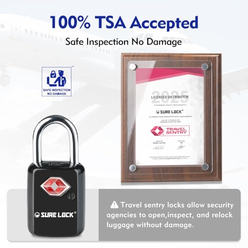 SURE LOCK TSA Approved Luggage Locks - One Key Opens All, Compact & Durable Zinc Alloy Travel Lock with Steel Shackle, Keyed Alike (Black 2 Locks, Mini Size for Suitcase/Backpack/Gym Locker) - Image 2