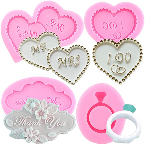 Mujiang Heart MR MRS I DO Silicone Fondant Mold Thank You Ring Candy Chocolate Mold for Wedding Cake Decorating Gum Paste Polymer Clay Set of 4 - Image 1