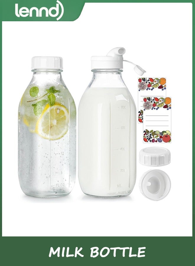 LENND Milk Bottle with Dispenser Cap, 100% Airtight Heavy Duty Screw Lid. 2 Pack 1L Reusable Glass Bottles with 4 Lids! Breast Milk Jug Pitcher, Buttermilk, Water, Juice Bottles with Cap, Syrup, Honey  - Image 1