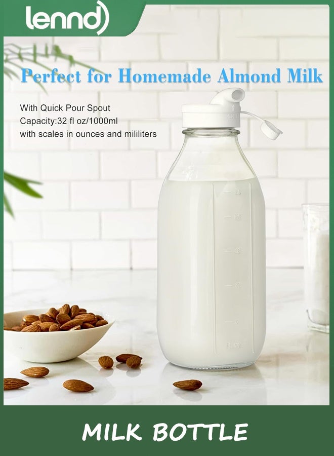 LENND Milk Bottle with Dispenser Cap, 100% Airtight Heavy Duty Screw Lid. 2 Pack 1L Reusable Glass Bottles with 4 Lids! Breast Milk Jug Pitcher, Buttermilk, Water, Juice Bottles with Cap, Syrup, Honey  - Image 2