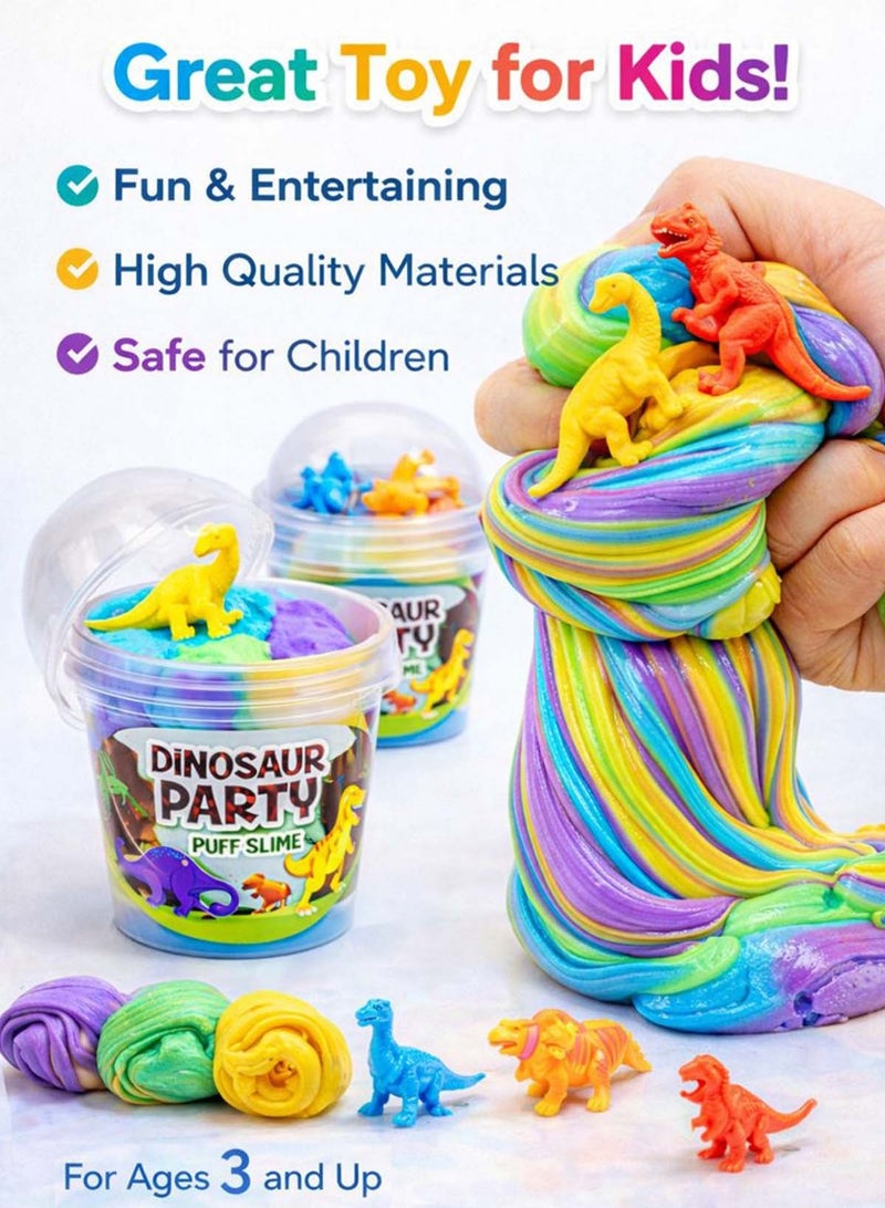 GreaTeam Dinosaur Party Puff Slime Set 12pcs (100g Each) – Rainbow Fluffy Slime with 2 Dinosaur Figures in Every Pot, Non-Toxic Sensory Play Putty for Kids 3+ Years, Educational Learning Toy for Toddlers & Preschool Children, Stress Relief Fidget Slime, Party Favors, Gifts, Prizes & Stocking Stuffers - Image 4