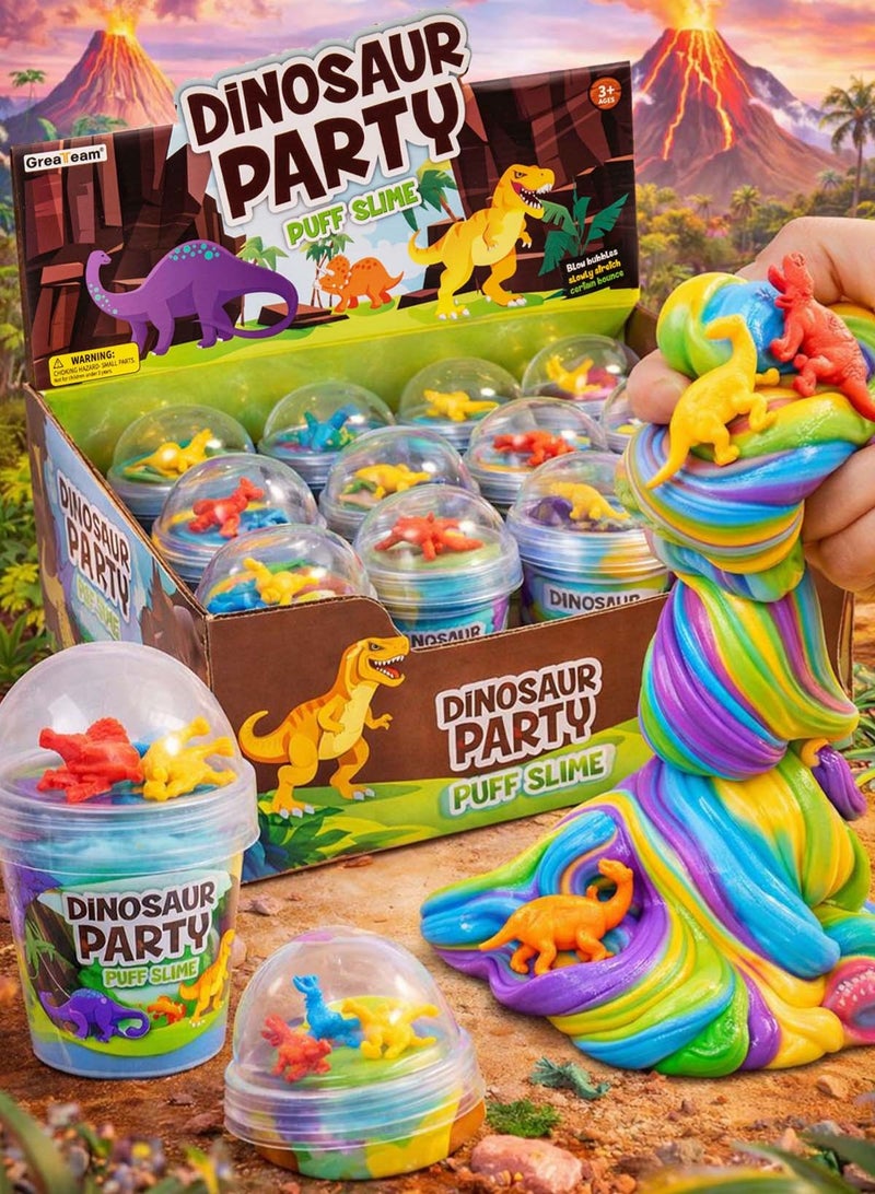 GreaTeam Dinosaur Party Puff Slime Set 12pcs (100g Each) – Rainbow Fluffy Slime with 2 Dinosaur Figures in Every Pot, Non-Toxic Sensory Play Putty for Kids 3+ Years, Educational Learning Toy for Toddlers & Preschool Children, Stress Relief Fidget Slime, Party Favors, Gifts, Prizes & Stocking Stuffers - Image 1