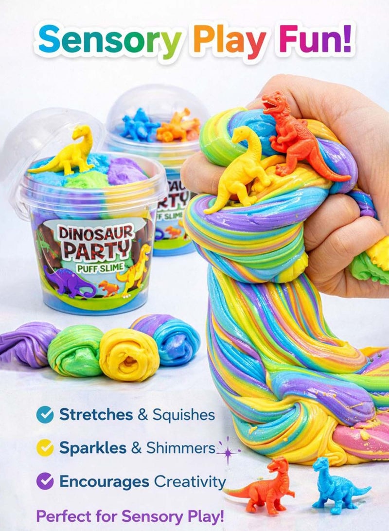GreaTeam Dinosaur Party Puff Slime Set 12pcs (100g Each) – Rainbow Fluffy Slime with 2 Dinosaur Figures in Every Pot, Non-Toxic Sensory Play Putty for Kids 3+ Years, Educational Learning Toy for Toddlers & Preschool Children, Stress Relief Fidget Slime, Party Favors, Gifts, Prizes & Stocking Stuffers - Image 3