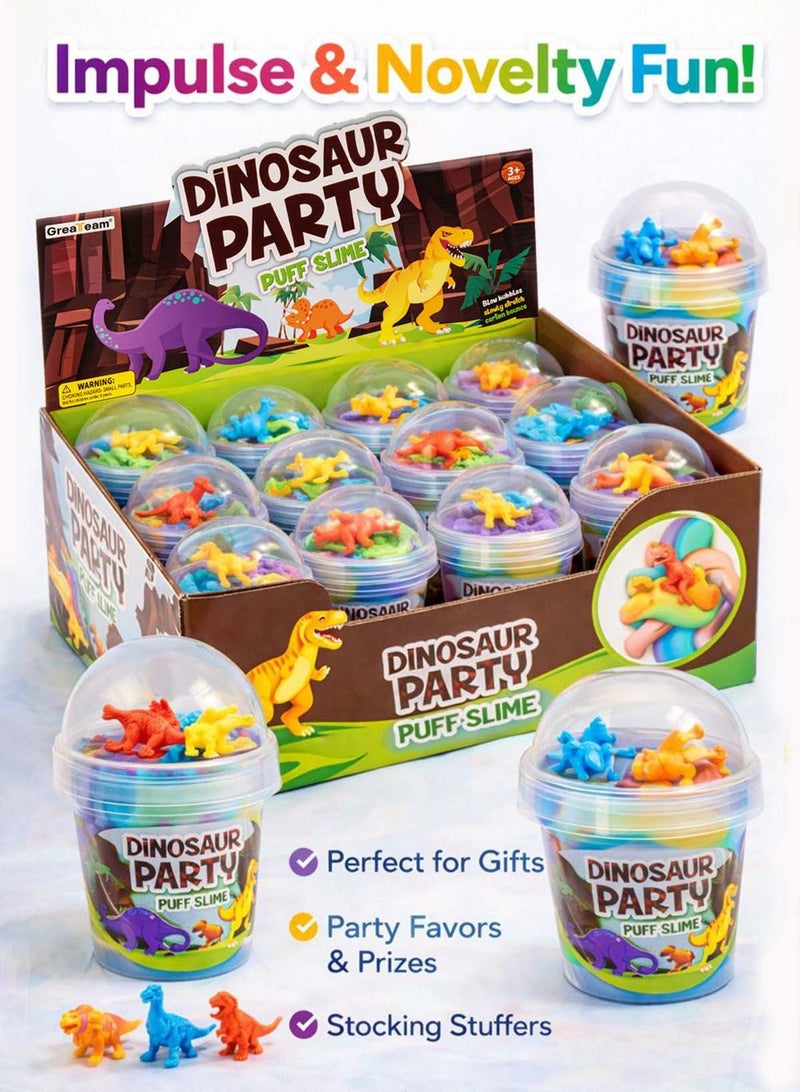 GreaTeam Dinosaur Party Puff Slime Set 12pcs (100g Each) – Rainbow Fluffy Slime with 2 Dinosaur Figures in Every Pot, Non-Toxic Sensory Play Putty for Kids 3+ Years, Educational Learning Toy for Toddlers & Preschool Children, Stress Relief Fidget Slime, Party Favors, Gifts, Prizes & Stocking Stuffers - Image 5