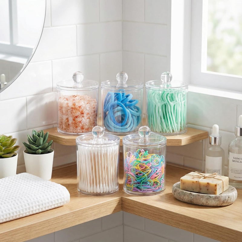 SheeChung 6-Pack Clear Acrylic Apothecary Jars with Labels - (3) 10oz & (3) 12oz Qtip Holder Set - Shatterproof Bathroom Vanity Organizer for Cotton Swabs, Balls, Pads - Minimalist Decor - Image 4