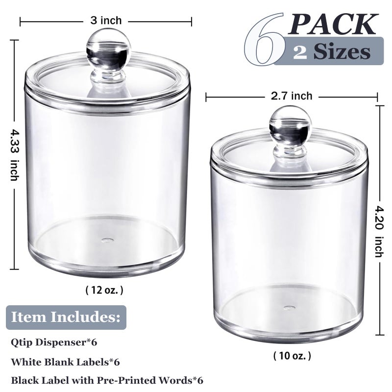 SheeChung 6-Pack Clear Acrylic Apothecary Jars with Labels - (3) 10oz & (3) 12oz Qtip Holder Set - Shatterproof Bathroom Vanity Organizer for Cotton Swabs, Balls, Pads - Minimalist Decor - Image 3