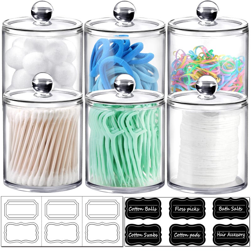 SheeChung 6-Pack Clear Acrylic Apothecary Jars with Labels - (3) 10oz & (3) 12oz Qtip Holder Set - Shatterproof Bathroom Vanity Organizer for Cotton Swabs, Balls, Pads - Minimalist Decor - Image 1