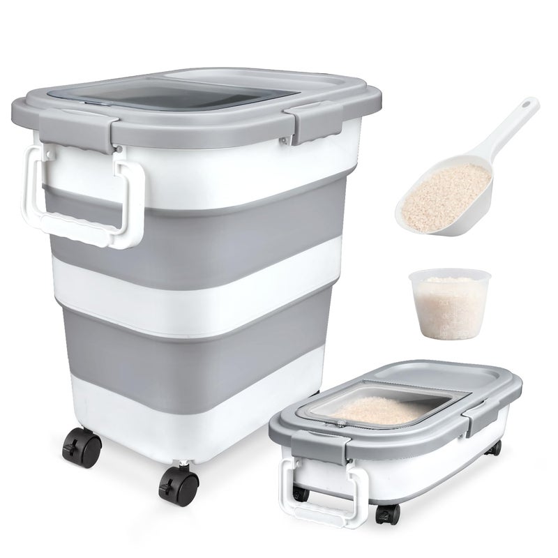 Komzon Rice Storage Container, Collapsible Airtight 10-40 Lb Rice Storage Container, 25lb Pet Dog Food Storage Container, Rice Dispenser Bin with Cup and Scoop for Flour Cereal Pasta Grain, Cat Bird - Image 1