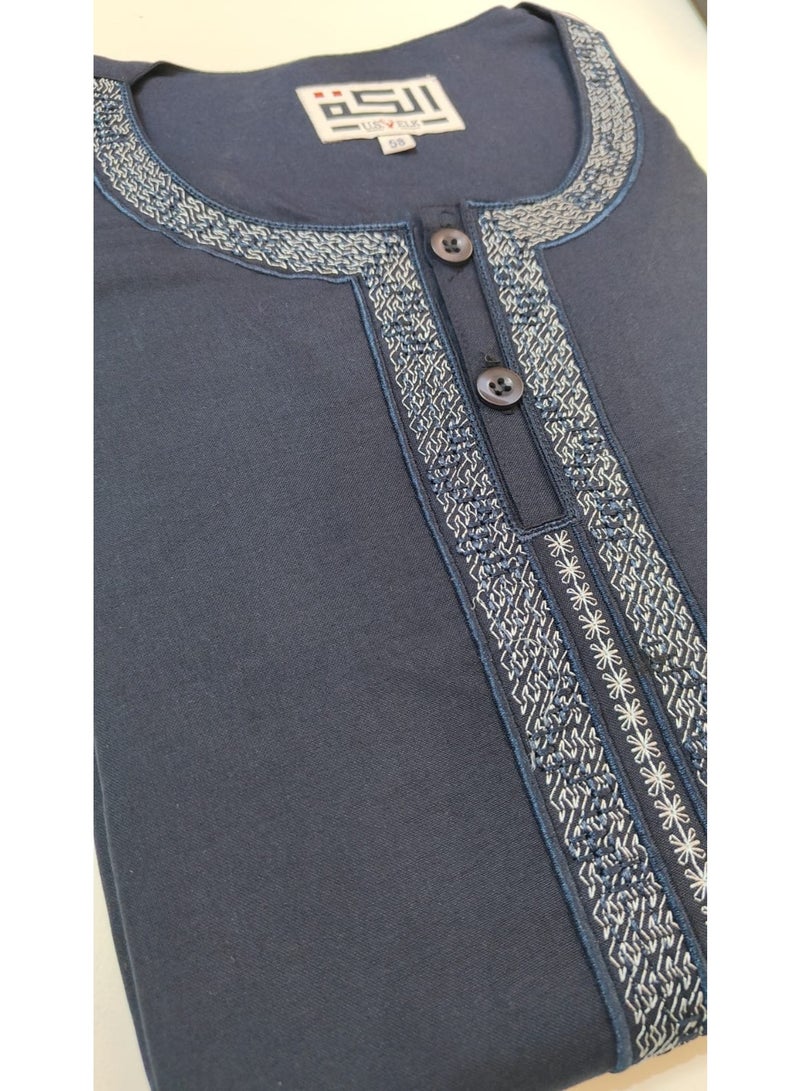 U.S. ELK Men's Round Neck Short Sleeves Jalabiya for Men - Men's Short Sleeve Robe/Thobe -Dark Blue - Image 2