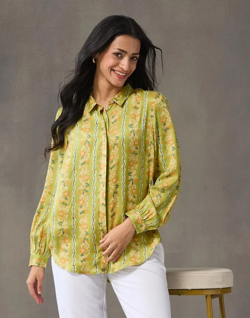 Green Rayon Blend Floral Shirt