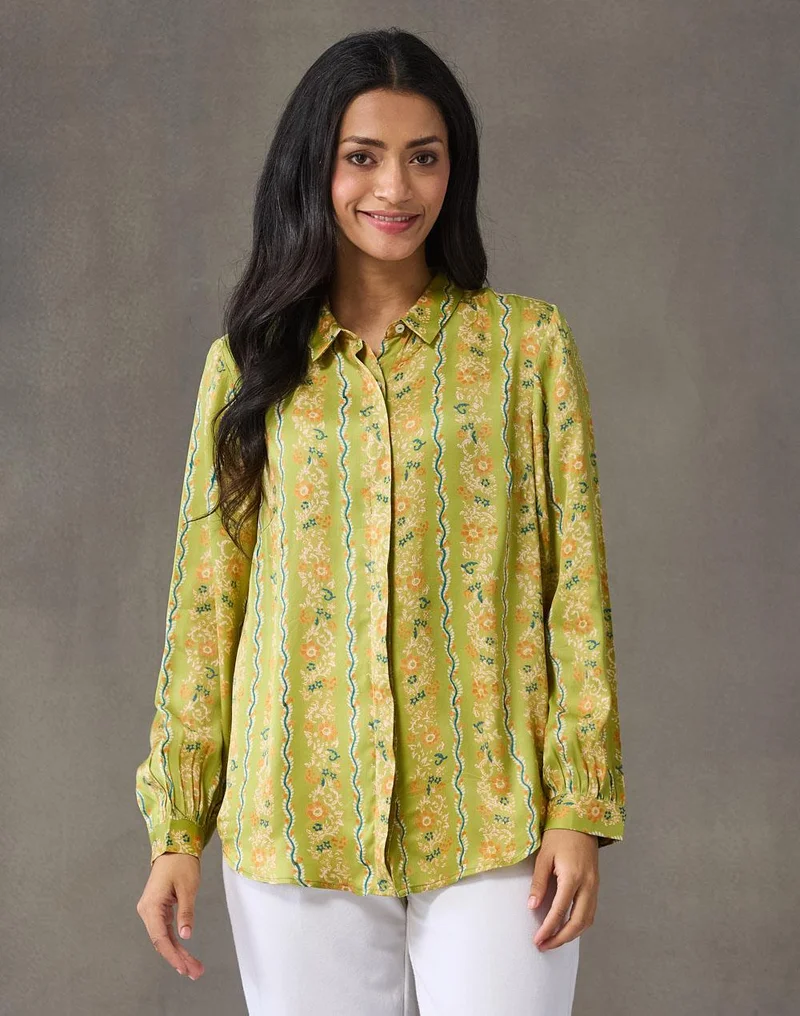 Fabindia Green Rayon Blend Floral Shirt