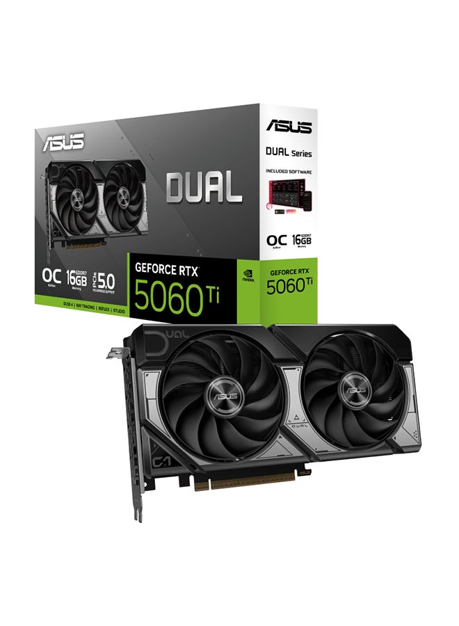 أسوس بطاقة الرسوميات ديوال جيفورس RTX 5060 Ti OC Edition سعة 16 جيجابايت GDDR7، PCIe 5.0، 4608 نواة CUDA، 28Gbps، 128-بت، 2632MHz OC Boost Clock، HDMI 2.1b x1، DisplayPort 2.1b x3، 8K@60Hz، AI 767 TOPS، مروحتان Axial-Tech مزدوجتان، 2.5-slot، جاهزة لـ SFF، 1x 8-Pin Power، HDCP 2.3، دعم GPU Tweak III (DUAL-RTX5060TI-O16G) | 90YV0MH0-M0NA00 - Image 1