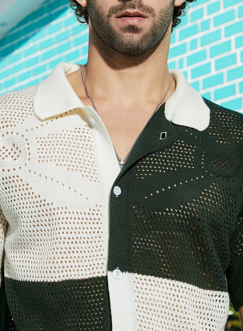 كامبوس سوترا Men's Emerald Green & Cream White Block Open-Knit Polo Shirt
