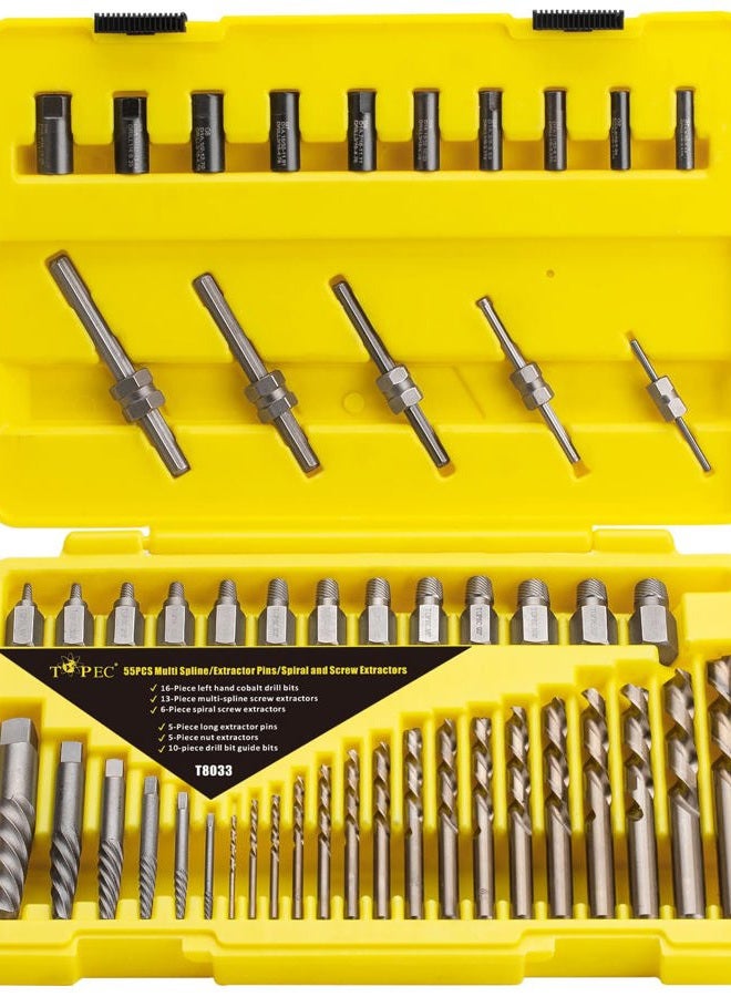 Topec 55-Piece Screw Extractor & Broken bolt extractors, Multi-spline Extractors, and Drill Bits for Removing Damaged, Frozen, Rusted, Rounded-Off Bolts & Screws - Image 1