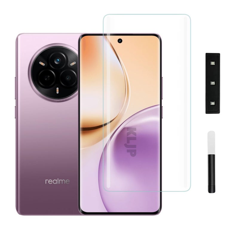 KLJP حماية شاشة زجاجية مقواة من غوريلا بتقنية HD+ المنحنية متقدمة مصممة لهاتف Realme 14 Pro - حماية من الحافة إلى الحافة مع تغطية كاملة للشاشة مع مجموعة تركيب سهلة. - Image 1