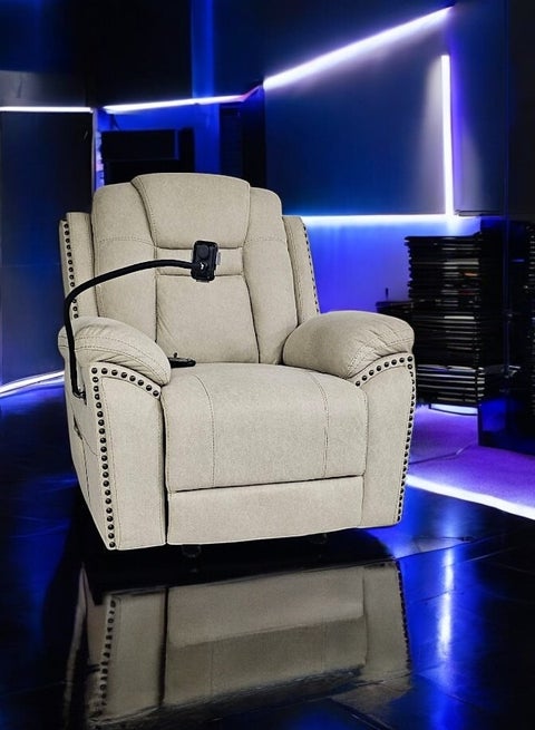 Modern Luxury Cream Fabric Electric Recliner Sofa with Wireless Charging, Remote-Controlled Electric Massager, Mobile Holder, Rocking Feature, and USB Port