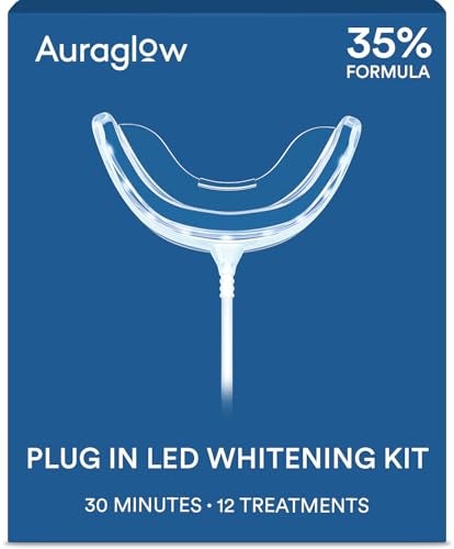 Auraglow Plugin LED Teeth Whitening Kit Wired Light Device 35 Carbamide Peroxide Gel 12 Treatments atHome Tooth Whitening System EnamelSafe atHome Whitening for Coffee Tea Stains - Image 1