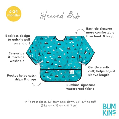 Bumkins Sleeved Bib for Girl or Boy, Baby and Toddler for 6-24 Mos, Essential Must Have for Eating, Feeding, Baby Led Weaning Supplies, Long Sleeve Mess Saving Food Catcher, Fabric, Outdoors Blue - Image 5