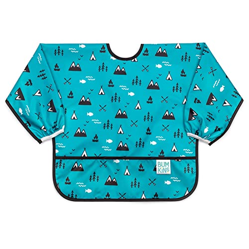 Bumkins Sleeved Bib for Girl or Boy, Baby and Toddler for 6-24 Mos, Essential Must Have for Eating, Feeding, Baby Led Weaning Supplies, Long Sleeve Mess Saving Food Catcher, Fabric, Outdoors Blue - Image 1