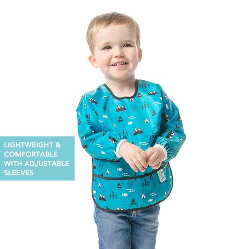 Bumkins Sleeved Bib for Girl or Boy, Baby and Toddler for 6-24 Mos, Essential Must Have for Eating, Feeding, Baby Led Weaning Supplies, Long Sleeve Mess Saving Food Catcher, Fabric, Outdoors Blue - Image 4