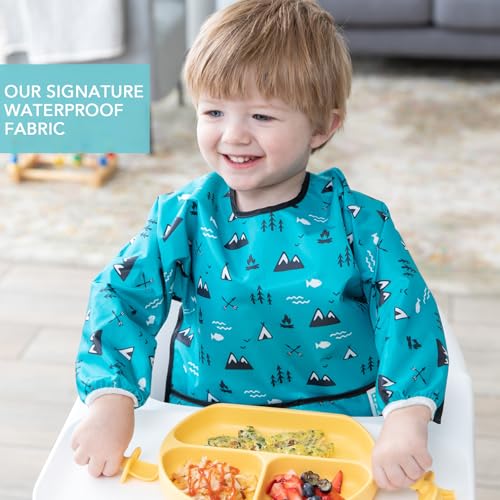 Bumkins Sleeved Bib for Girl or Boy, Baby and Toddler for 6-24 Mos, Essential Must Have for Eating, Feeding, Baby Led Weaning Supplies, Long Sleeve Mess Saving Food Catcher, Fabric, Outdoors Blue - Image 3