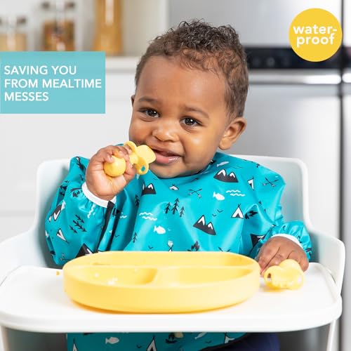 Bumkins Sleeved Bib for Girl or Boy, Baby and Toddler for 6-24 Mos, Essential Must Have for Eating, Feeding, Baby Led Weaning Supplies, Long Sleeve Mess Saving Food Catcher, Fabric, Outdoors Blue - Image 2