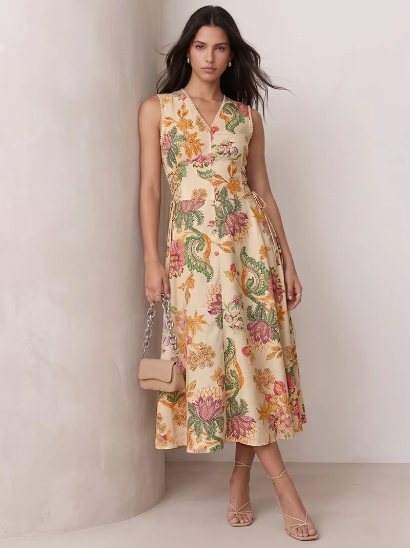 Outzidr cream floral Multi Floral Halter Neck Maxi Dress for Women | Best Price UAE