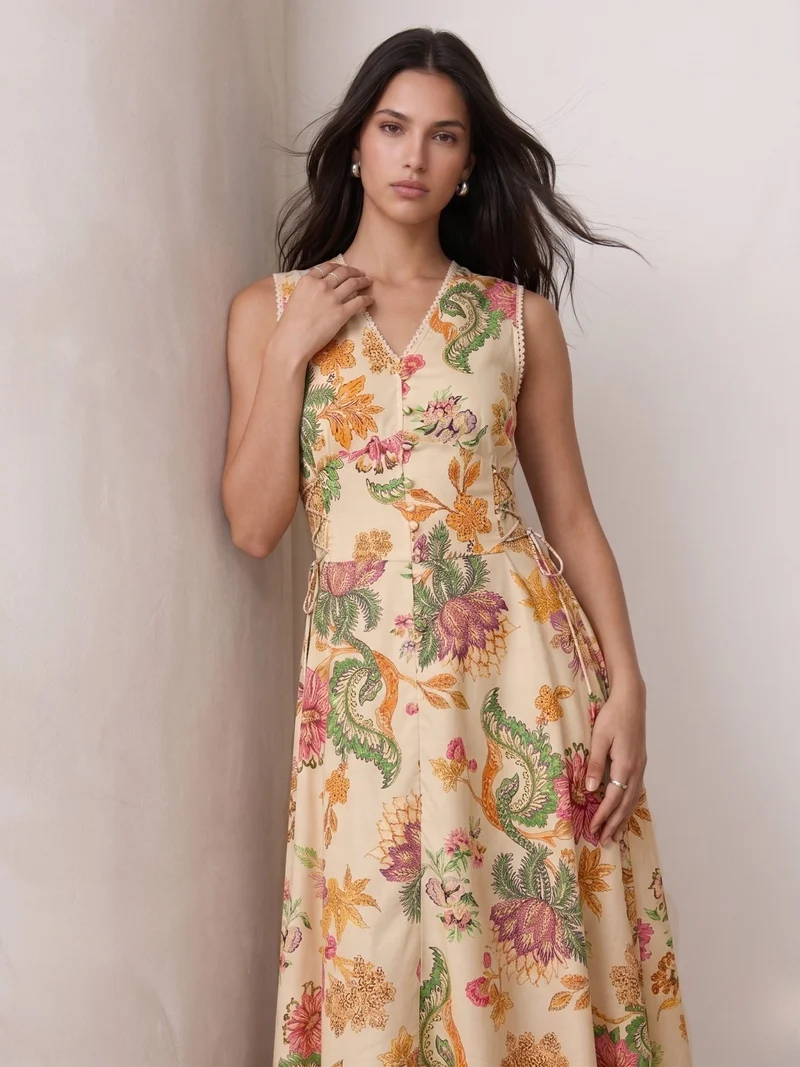 Outzidr cream floral Multi Floral Halter Neck Maxi Dress for Women | Best Price UAE