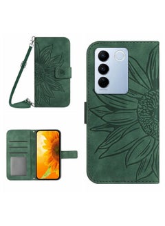 For vivo V27E 4G Global Skin Feel Sun Flower Embossed Flip Leather Phone Case with Lanyard(Green)