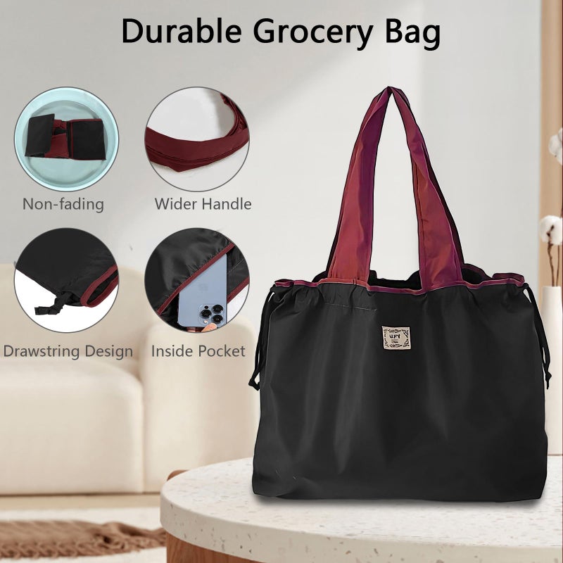 OSAGIE Reusable Grocery Large Foldable Shopping Bag with Pocket Extra Wide Handle, Portable Durable Washable Beach Tote Bag for Women Kids' Toys Picnic Travel, Colorfast & Drawstring Design (Black) - Image 5