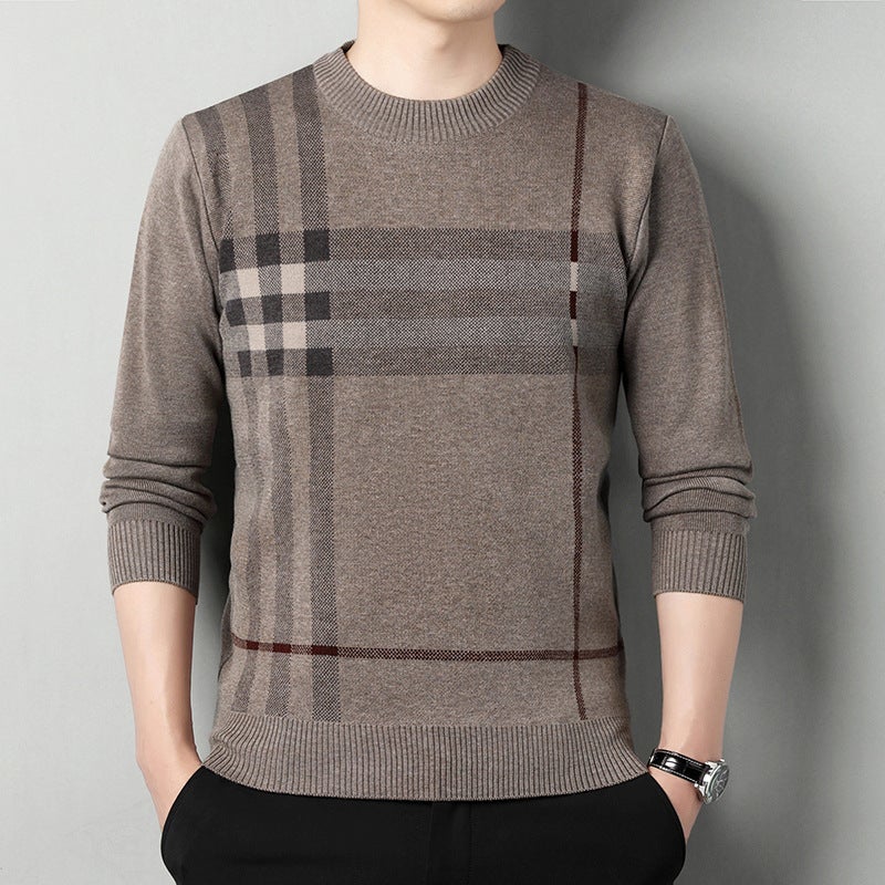 One-piece delivery sweater mens striped new winter round neck thickened sweater middle-aged casual dad sweater Medium Gray - Image 2