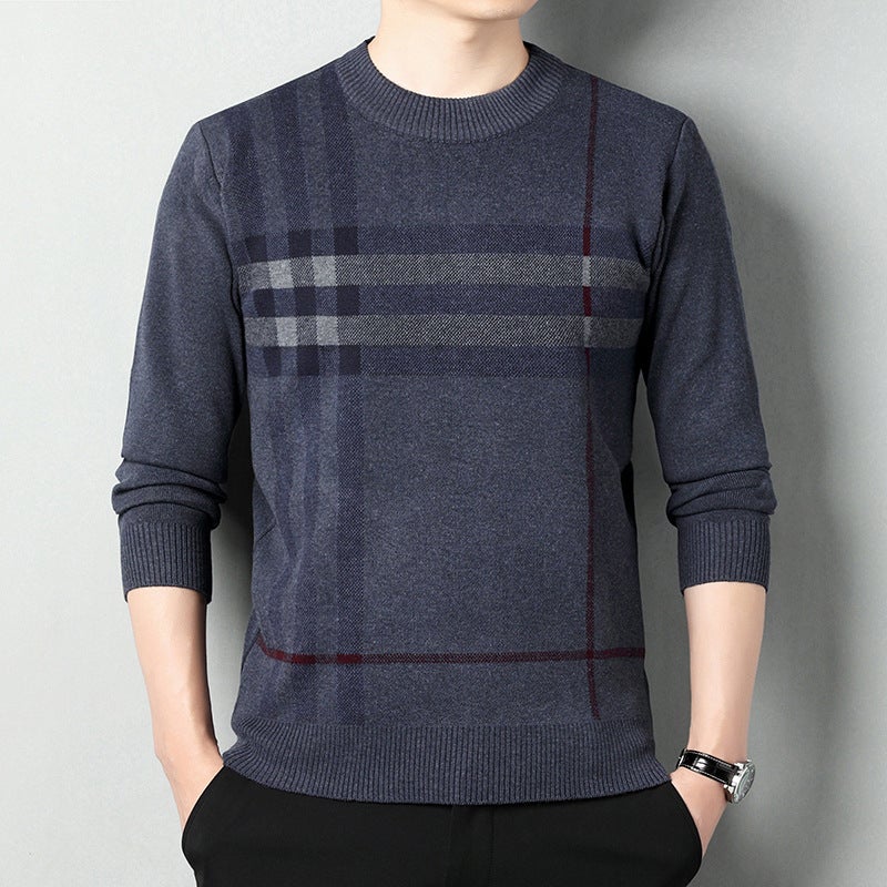 One-piece delivery sweater mens striped new winter round neck thickened sweater middle-aged casual dad sweater Medium Gray - Image 5