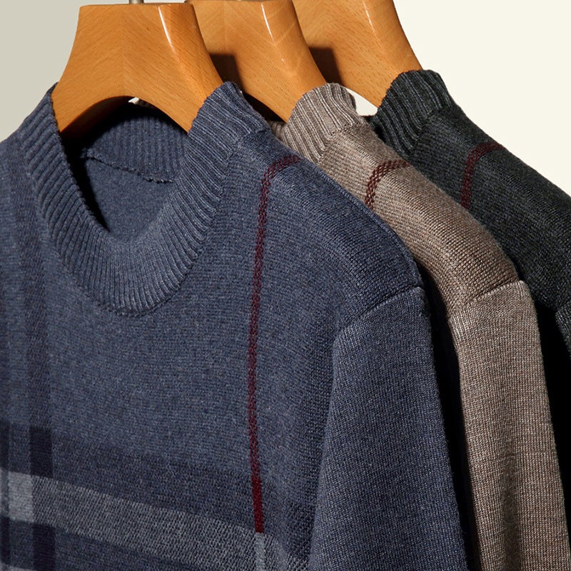 One-piece delivery sweater mens striped new winter round neck thickened sweater middle-aged casual dad sweater Medium Gray - Image 3