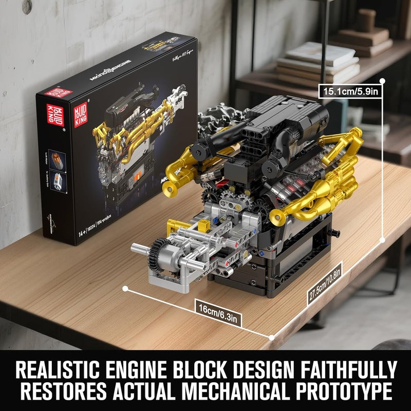مولد كينج Mould King 10224 نموذج محرك V12 يعمل، أكثر من 974 قطعة نموذج ميكانيكي عالي التفاصيل مع مكابس وتروس عاملة، للبالغين والأطفال، لعشاق السيارات وجامعيها - Image 5