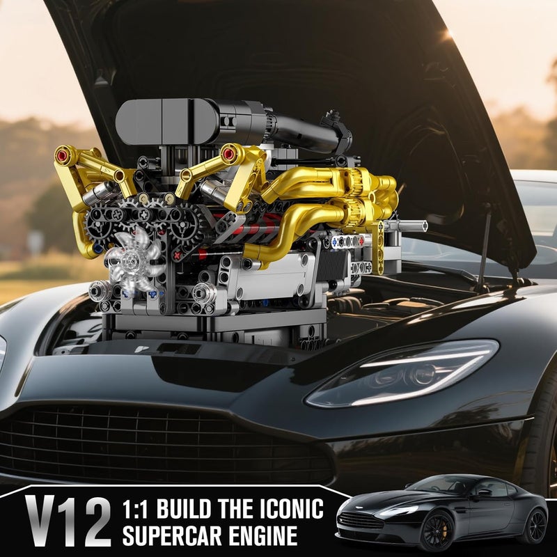 مولد كينج Mould King 10224 نموذج محرك V12 يعمل، أكثر من 974 قطعة نموذج ميكانيكي عالي التفاصيل مع مكابس وتروس عاملة، للبالغين والأطفال، لعشاق السيارات وجامعيها - Image 2