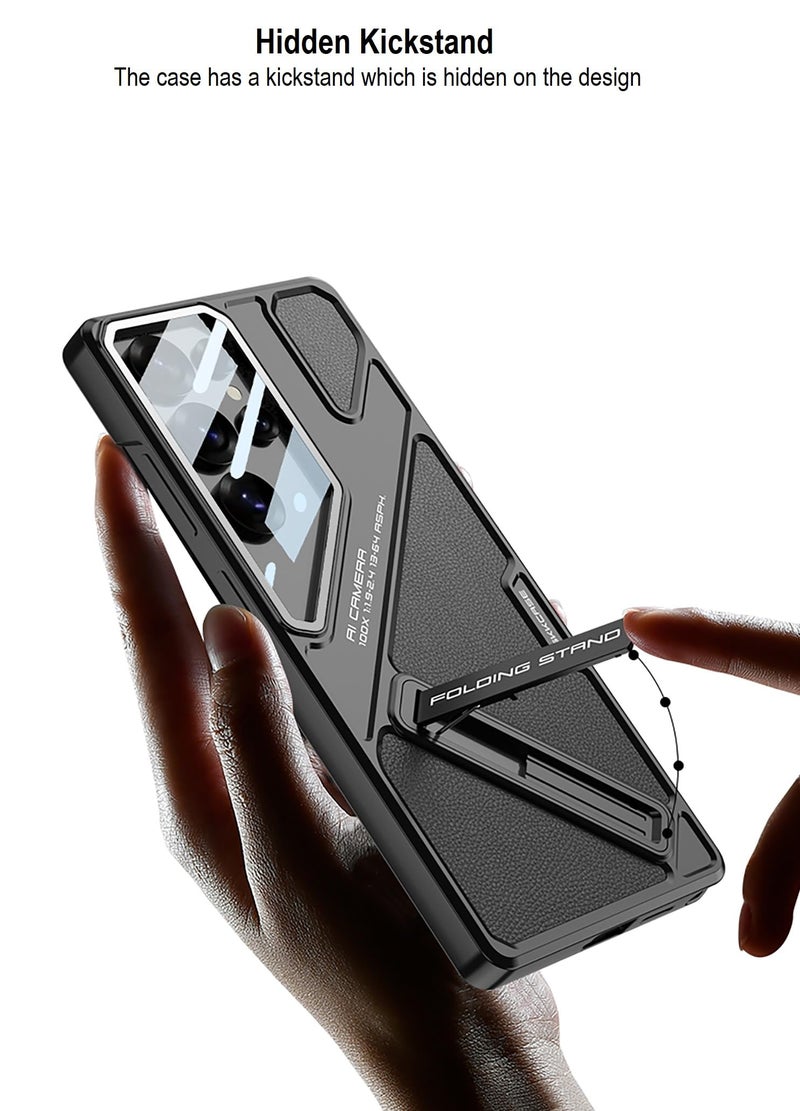 Midkart Leather Case Compatible with Samsung Galaxy S25 Ultra Hidden Kickstand Cover Hard PC with Camera Protection, Fiber Black & Black - Image 5