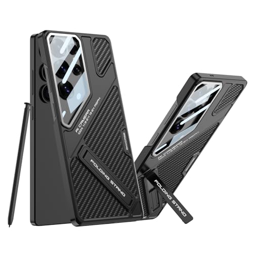 Midkart Leather Case Compatible with Samsung Galaxy S25 Ultra Hidden Kickstand Cover Hard PC with Camera Protection, Fiber Black & Black - Image 1