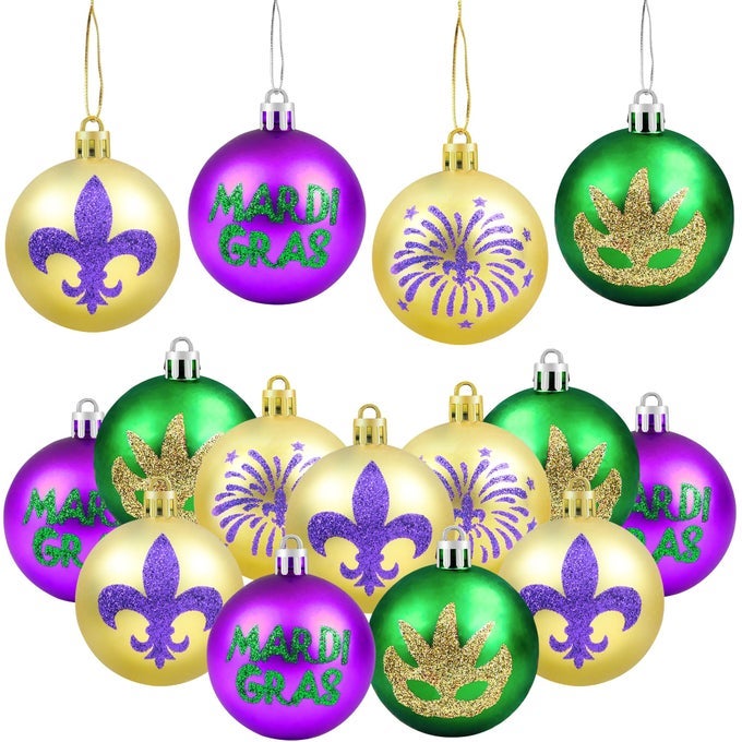 12PCS MARDI GRAS BALL ORNAMENTS 236 GLITTER PURPLE GREEN GOLD HOME TREE BAUBLES SHATTERPROOF HANGING BALLS FOR NEW ORLEANS MASQUERADE PARTY DECOR