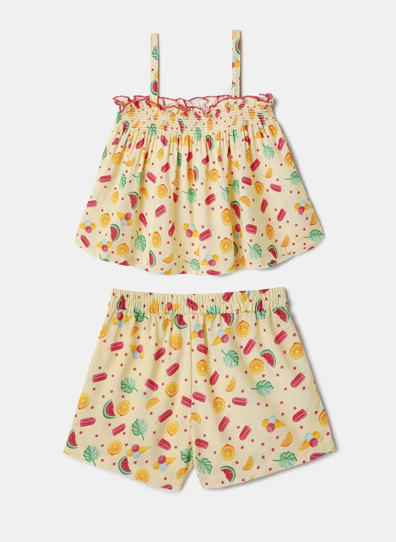 Nautinati Nautinati Yellow Printed Top and Shorts Set for Girls