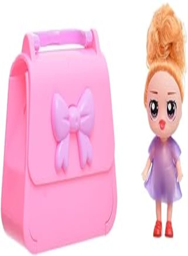 Generic Plastic Small Hand Bag With Shoulder Strap And Pretty Doll With Her Accessories For Kids Set Of 10 Pieces - Pink Purple 