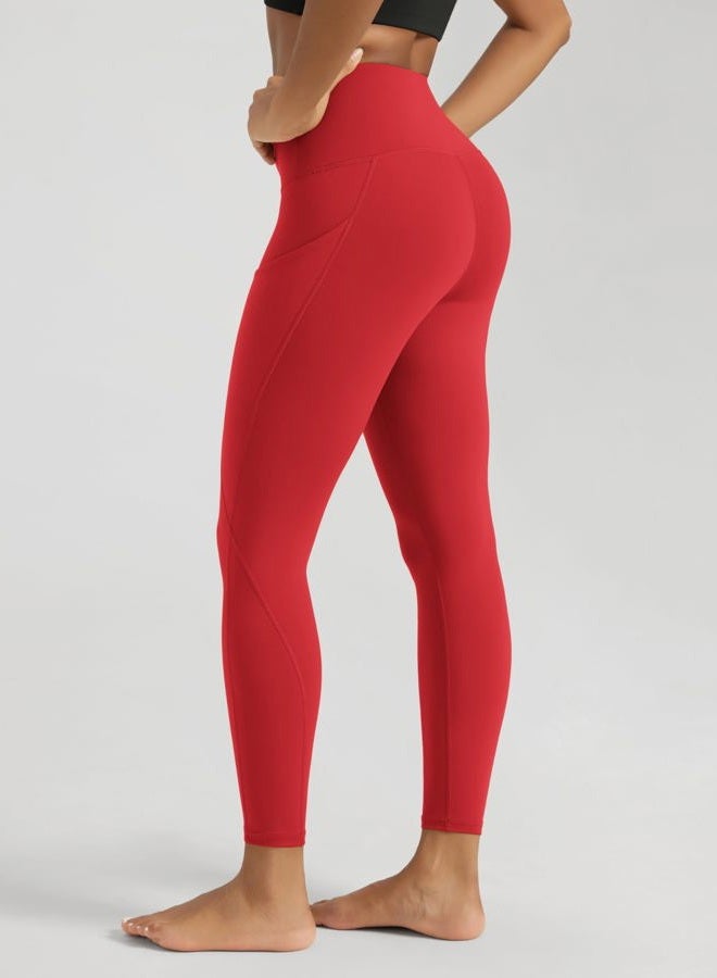 ODODOS Women's 7/8 Yoga Leggings with Pockets, High Waisted Workout Sports Running Tights Athletic Pants-Inseam 25", Red, Medium, Red, M - Image 2