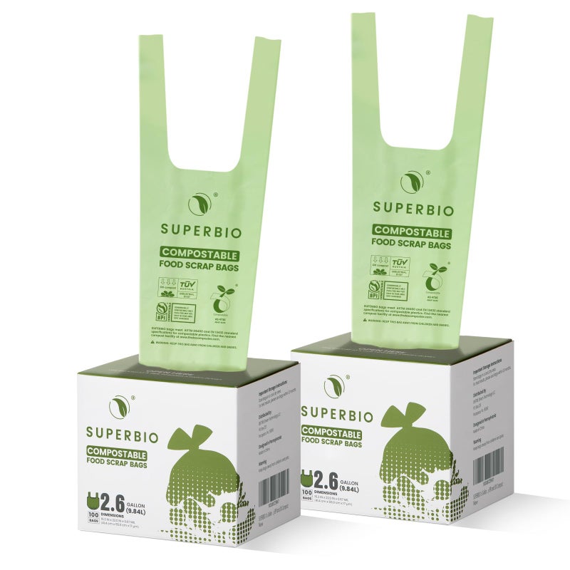 SUPERBIO 26 Gallon Compostable Bags 100 Count 2 Pack 984L Handle Tie Food Waste Bags BPI and OK compost INDUSTRIAL Certified