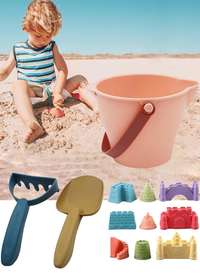 VUCATIN 12 Piece Sand Castle Building Beach Toys Bag For Outdoor Play Including Sand Bucket Rake Shovel Sand Molds Travel Sand Toys Sandbox Toys for Toddlers Kids Boys Baby (Pink) - Image 1