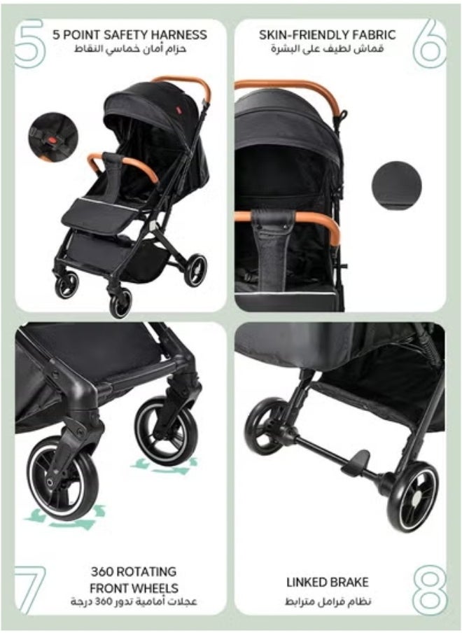 Riolio Lightweight Foldable Stroller, Suitable for 0-3 Years, 360° Shock-Absorbing Wheels, Sunshade Canopy, Extra-Large Storage Basket, 5-Point Safety Harness  - Image 3