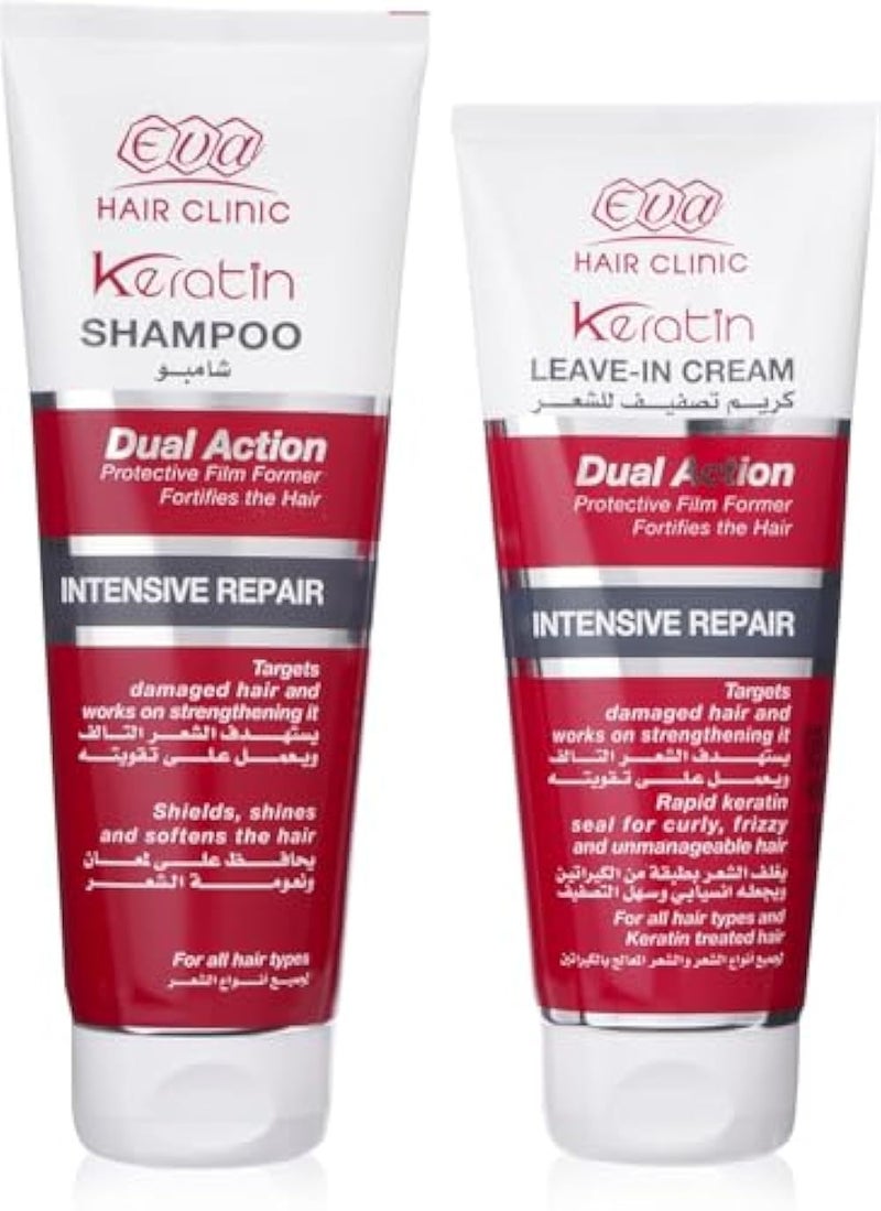 Eva Hair Clinic Keratin Hair Care Set, Intensive Repair Shampoo and Leave-In Cream, Dual Action Formula for Damaged Hair