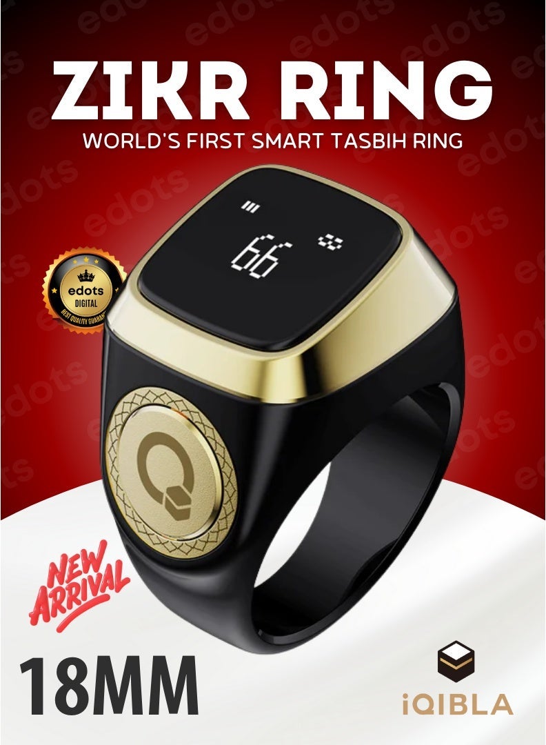 iQIBLA Smart Zikr Ring | Lite S | 18mm | Prayer Counter, Tasbih Counter & Muslim Prayer Time Reminder | Waterproof Wearable Technology | Black & Gold