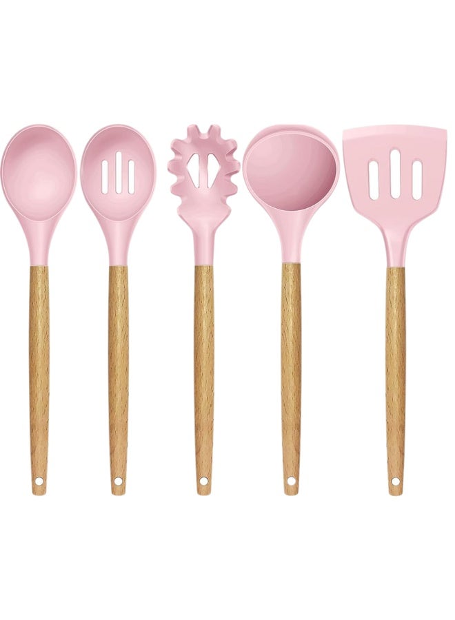 Kitchen Cooking Utensils Set, 5 pcs Non-Stick Silicone Cooking Kitchen Utensils Spatula Set, Wooden Handle Silicone Kitchen Gadgets Utensil Set (Pink) - Image 1