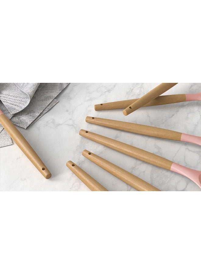 Kitchen Cooking Utensils Set, 5 pcs Non-Stick Silicone Cooking Kitchen Utensils Spatula Set, Wooden Handle Silicone Kitchen Gadgets Utensil Set (Pink) - Image 2