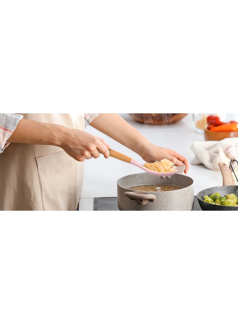 Kitchen Cooking Utensils Set, 5 pcs Non-Stick Silicone Cooking Kitchen Utensils Spatula Set, Wooden Handle Silicone Kitchen Gadgets Utensil Set (Pink) - Image 4